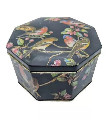 Vintage Tin Octagon With Hinged Lid Black Floral Songbirds Birds 4.75  England • $13.99