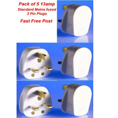 5 X White New Uk Fused Standard 13amp 3 Pin Mains Household Plug Ce Certified • £7.95