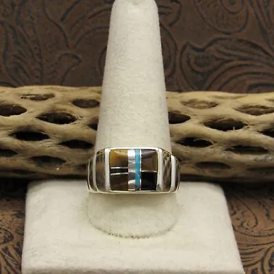 Sterling Silver Tiger's Eye Jet And Turquoise Inlay Ring Size 12+ • $165