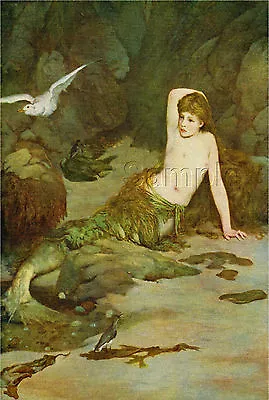 Vintage Mermaid Nude Nymph Sea Maiden Seagulls Caves Fantasy Canvas Art  • $25.75