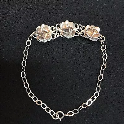 Vintage 7” Sterling Silver 925 Raised Roses Flower Small Bracelet 3.5 Grams • $23