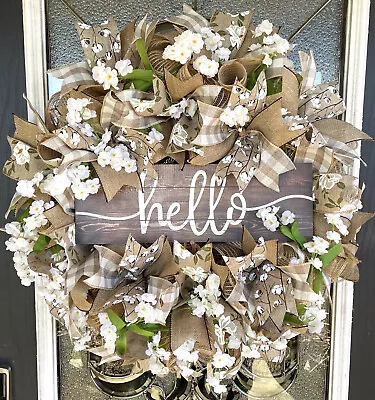 Hello Magnolia & Cotton Deco Mesh Front Door Wreath Modern Farmhouse Decor • $155