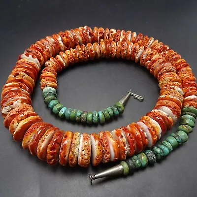 Vintage Orange SPINY OYSTER Shell TURQUOISE NECKLACE Sterling End Cones • $1129