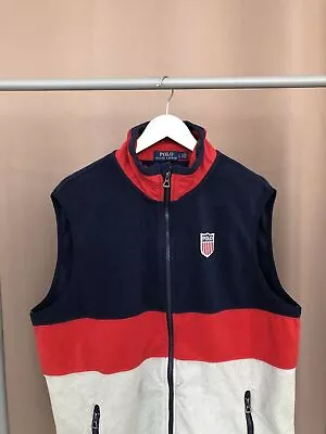 £96 • Buy Polo Ralph Lauren Retro Colorblocked American Flag Shield Fleece Jacket Vest L