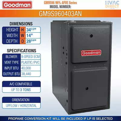40000 BTU 96% Goodman 1 Stage Natural Gas Or Propane/LP Furnace GM9S96/GC9S96 • $1450