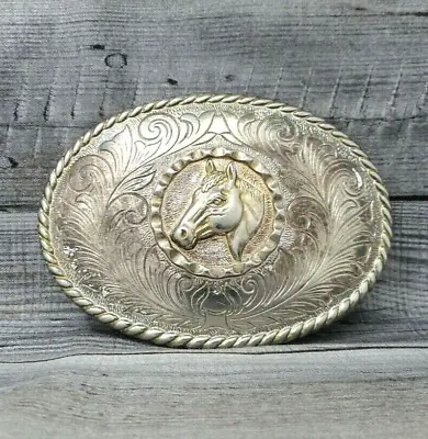 Western Horse Head Belt Buckle Floral Scroll Cowboy Cowgirl Vtg 80s      .CVB390 • $25.95