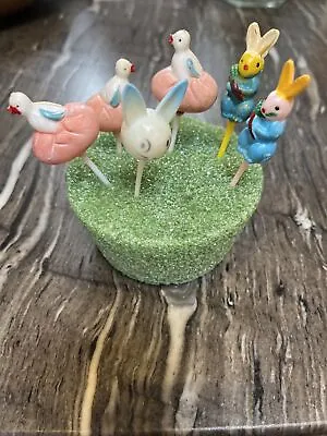 Lot Of 6 Vintage Easter Bunny Baby Chick Cake Topper Decoration Cupcake Picks • $14.99