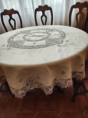 Linen And Venetian Lace Tablecloth. • $390