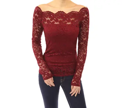 Womens Sexy OFF-Shoulder Lace Long Sleeve Shirt Ladies Slim Fit Blouse Tops Tee • £10.90