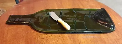 Flattened Melted Green Glass Wine Bottle Cutting Board Cheese Tray Decor + Knife • $26.99