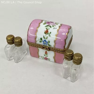 Vintage Limoges France Decoree A La Main Pink Floral Chest W/ 4 Perfume Bottles • $40