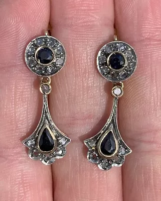 18ct Gold Italian Sapphire & Diamond Exceptional Drop Dangling Earrings 18k 750 • £150