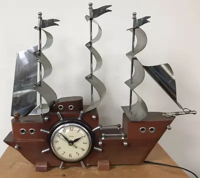 Vintage United Clock Corp Sailing Clipper Ship Boat Wood Mantel Corded 810 • $179.99