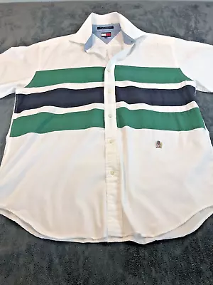 Vintage Tommy Hilfiger Mens Shirt Large Button Down ColorBlock Crest White Green • $16.99