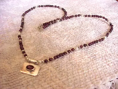 22 Inch Long Sterling Silver Necklace With Garnets & Pearls • $48