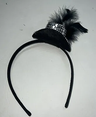 Mini Black Silver Sequin Cowboy Hat Feather Headband Halloween Costume Accessory • $14.99