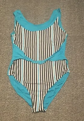 Vintage 80's Nylon Turquoise Striped HI Leg Aerobic Leotard Workout Body Suit Lg • $59.99