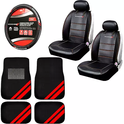 DODGE Red Stripe Car Truck Black Floor Mats Seat Covers Steering Wheel Cover SET • $96.19