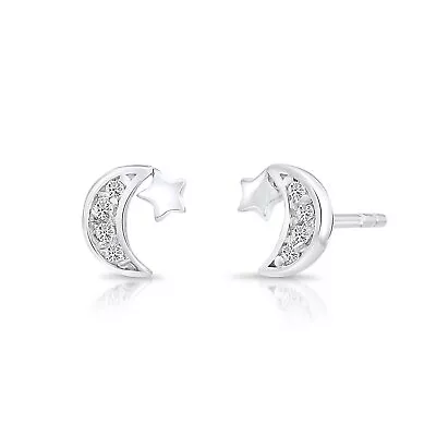 Tiny Sterling Silver Little Moon And Star Stud Earrings With Cubic Zirconia • $24.99