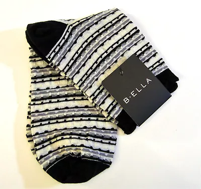 B. Ella Ladies Cotton Blend Crew Socks Linnea Stripe Black Grey White - NEW • $13