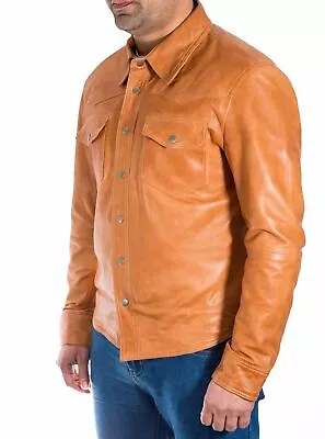 New Men Shirt Jacket 100% Genuine Tan Brown Lambskin Leather Party Casual Wear • $124.99