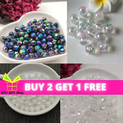 AB Beads Faux Pearl Faceted Round 4-10mm Acrylic Beads Mixed Lustre Kids DIY UK • £2.59