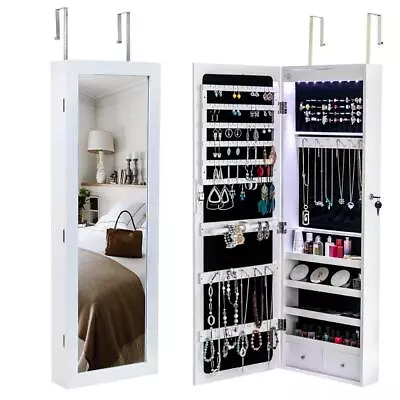 Lockable Door Wall Mounted Hanging Jewelry Cabinet Armoire Storage W/LED Light • $74.99