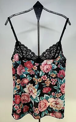 Vintage Vanity Fair Nylon Camisole Floral Lace Trim Black Pink Teal Size 32 • $14.39