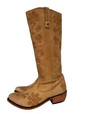 Liberty Black Boots Floral Embroidered Tan Leather Womens Tall Boots Sz 10 • $139