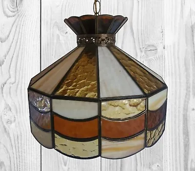 VTG Stained Glass Lamp Cream Amber Pendant Chandelier Cheers Light 70s Show MCM • $174.99