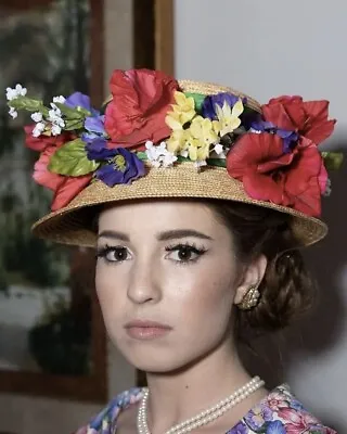 Vintage Woman's Boater Sun Straw Hat Easter Bonnet Natural Color Green Band  • $150