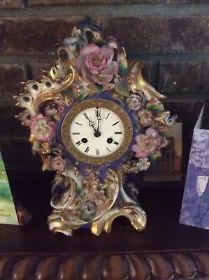 C.1845 ANTIQUE FRENCH PORCELAIN MANTEL CLOCK  ( RAINGO FRERES) FLOWER GARDEN • $378