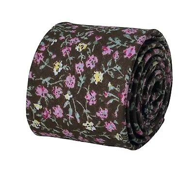 Frederick Thomas Designer - Brown With Pink Floral Design Mens Classic Width Tie • £15.99