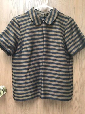 $27 • Buy Madewell Tunic Top Brown Black Stripes Linen Silk, Peter Pan Collar, Sz M