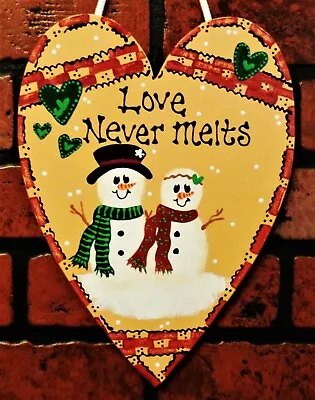 LOVE NEVER MELTS SNOWMAN Wall Door Hanging SIGN Winter Hanging Plaque Decor • $13