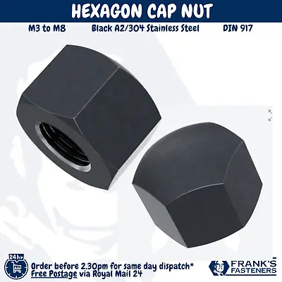 BLACK CAP NUT M3 M4 M5 M6 M8 - Hexagon Cap Black A2 Stainless Steel | DIN 917 • £3.07