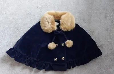 Couche Tot Designer Navy Velvet Feel Cape With Removable Fur Collar Age 8-9 • £4