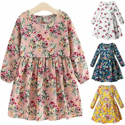 Kids Baby Girls Floral Printed Long Sleeves Dress Princess Casual Swing Dresses • $15.29