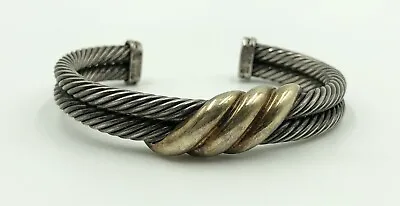 David Yurman Sterling Silver & 14k Yellow Gold 3 Row Wave Wide Cuff Bracelet • $899.99