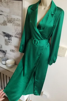 £12.95 • Buy New Stunning Green Satin Size L 12 Midi Wrap Dress Belted