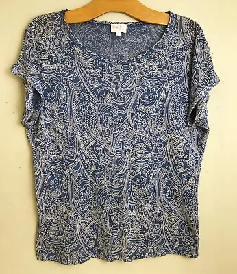 East Blue Paisley Knit T-shirt Top 14 Pure Linen Short Sleeves Summer Boho • £11