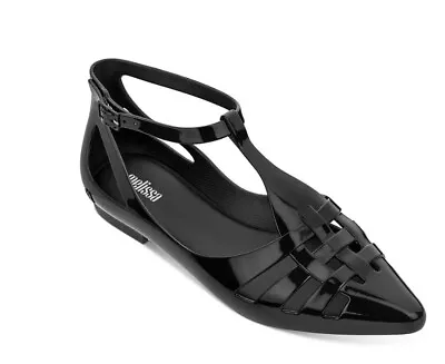 NEW In Box Melissa Size 9 Black Jelly Spider Ankle Strap Pointed Toe Flats Shoes • $38