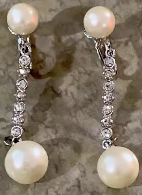 Marvella Silver Tone W/ Faux Pearls 7 Rhinestones Dangle Drop  Clip Earrings • $8