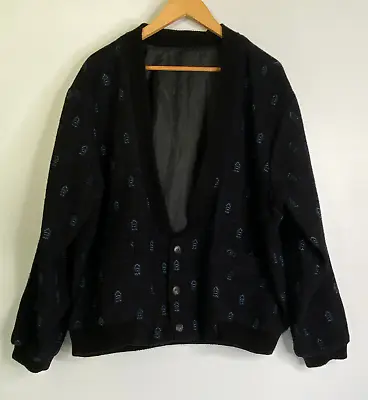 Vintage Plot Men's XL Black Blue Bomber Style Wool Blend Jacket Cardigan 80s 90s • $31.50