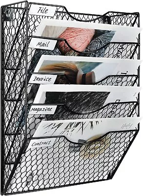 EasyPAG 5 Tier A4 Chicken Wire Mesh In Tray Wall Pocket File Holder Mail Organi • £28.29