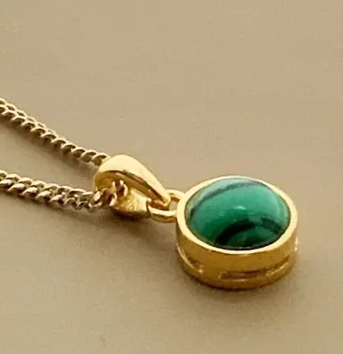 Malachite Pendant Yellow Gold Over 925 Sterling Silver 7 X 14mm 46cm Curb Chain • £16.99