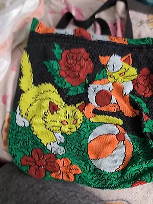Vintage Drawstring Beaded Handbag With Cats Flowers & Beachball • $19.99
