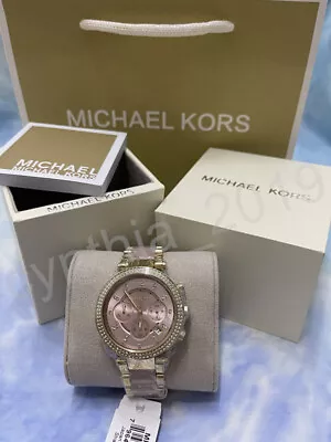 Michael Kors MK6326 Parker Pink Dial Gold Tone Crystal Ladies Wrist Watch • $95