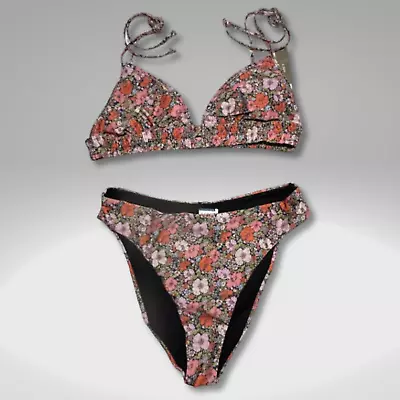 JCrew Bikini Size L Tie Shoulder Top High Leg Bottom Multi Colors Flowers NWT • $23.06