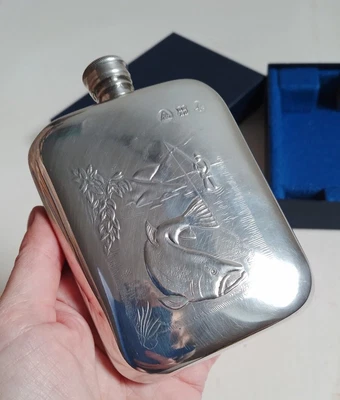 £20 • Buy HB&H Stamped Embossed Fishing Hip Flask & Funnel Sheffield Pewter Unused Boxed